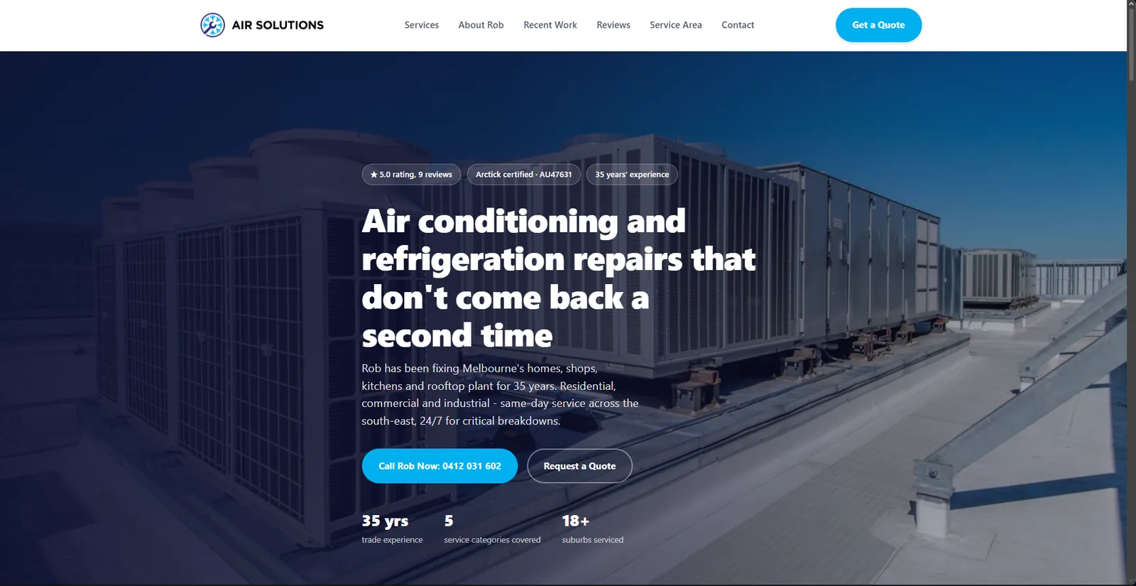 Air Solutions' new homepage: 5.0 rating badge, Arctick certification, 35 years experience, clear call buttons