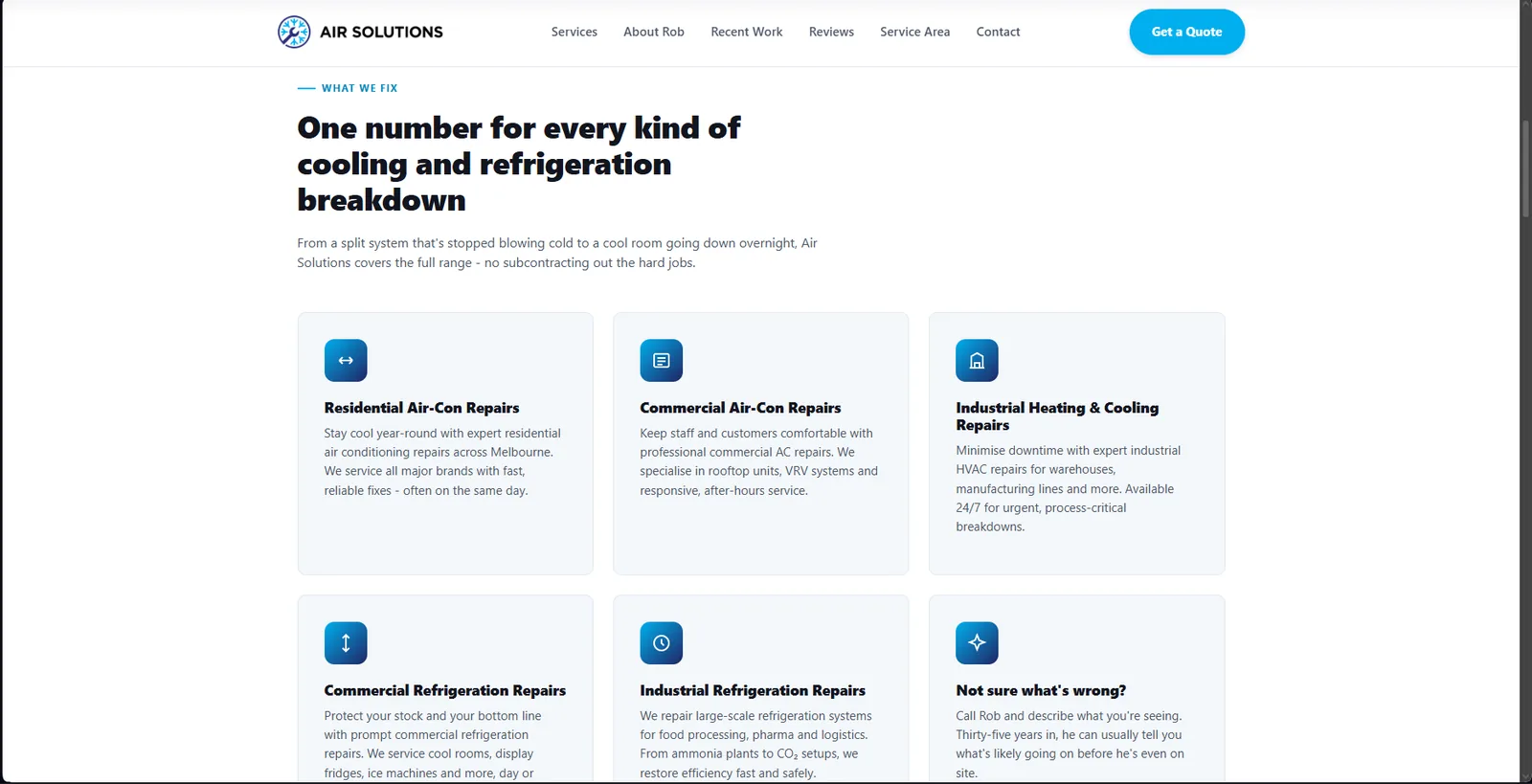 Air Solutions' new services page: full repair category grid with icons, matching the new nav and Get a Quote button