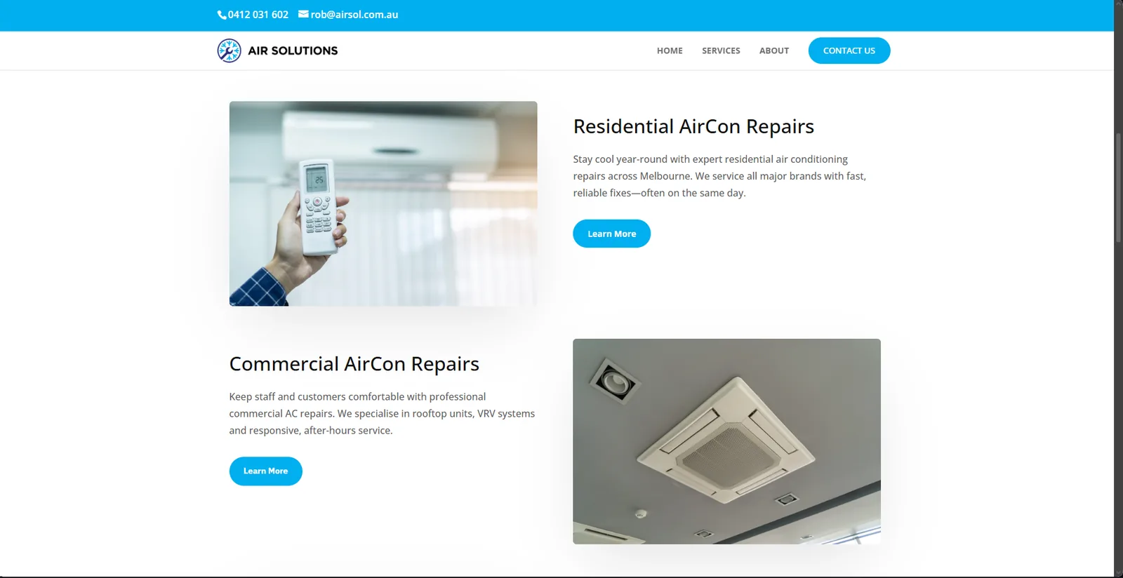 Air Solutions' old services page: plain layout, same generic nav as the old homepage